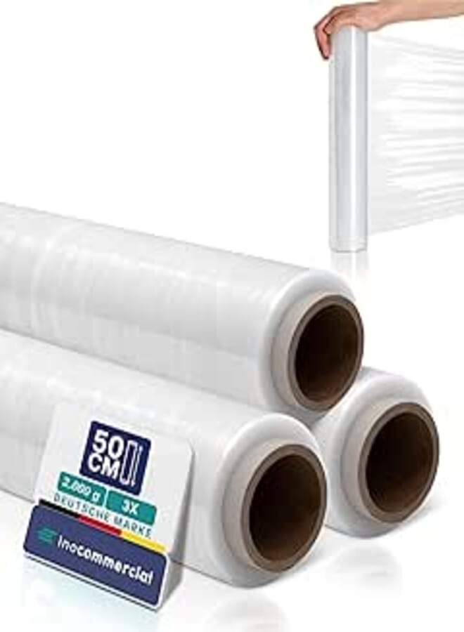 Inoverse 3 Rolls Stretch Film Transparent Wrap Film 50 cm / 2 kg, Film for Furniture & Moving, Pallet Film, Hand Stretch Film, Packaging Film on Roll, Stretch Film Roll, Packaging Material